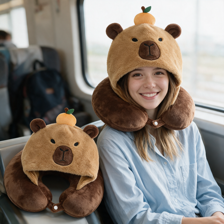 Hooded Capybara Travel Pillow with Plush Character Hood | Cuddly Hood and Neck Support | Travel Pillows