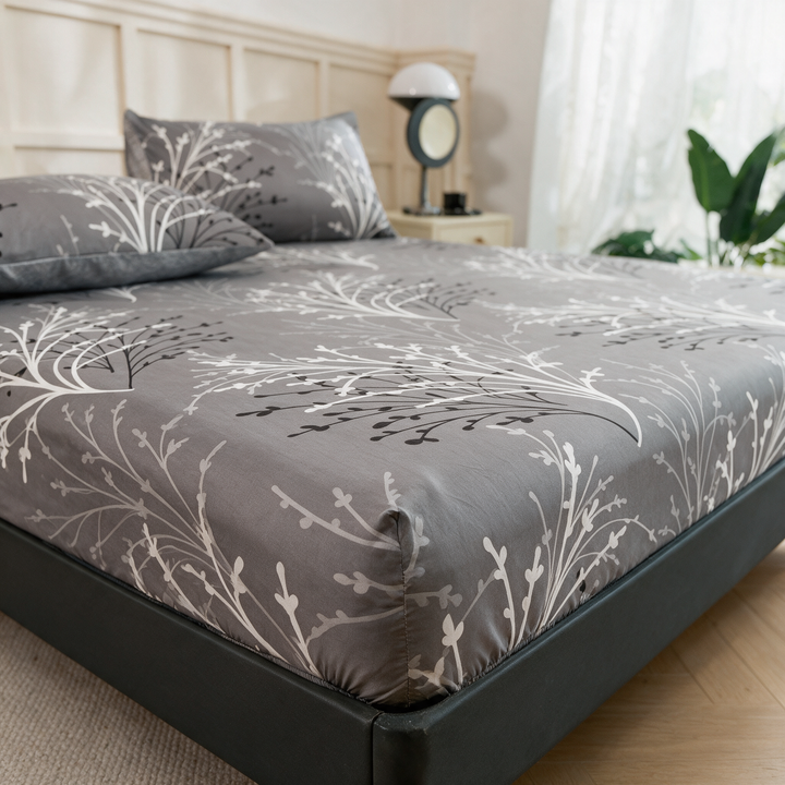 Patterned Fitted Sheet with Grey Branch and Leaf Print | Neutral Leaf Print Fitted Sheet | Fitted Sheets