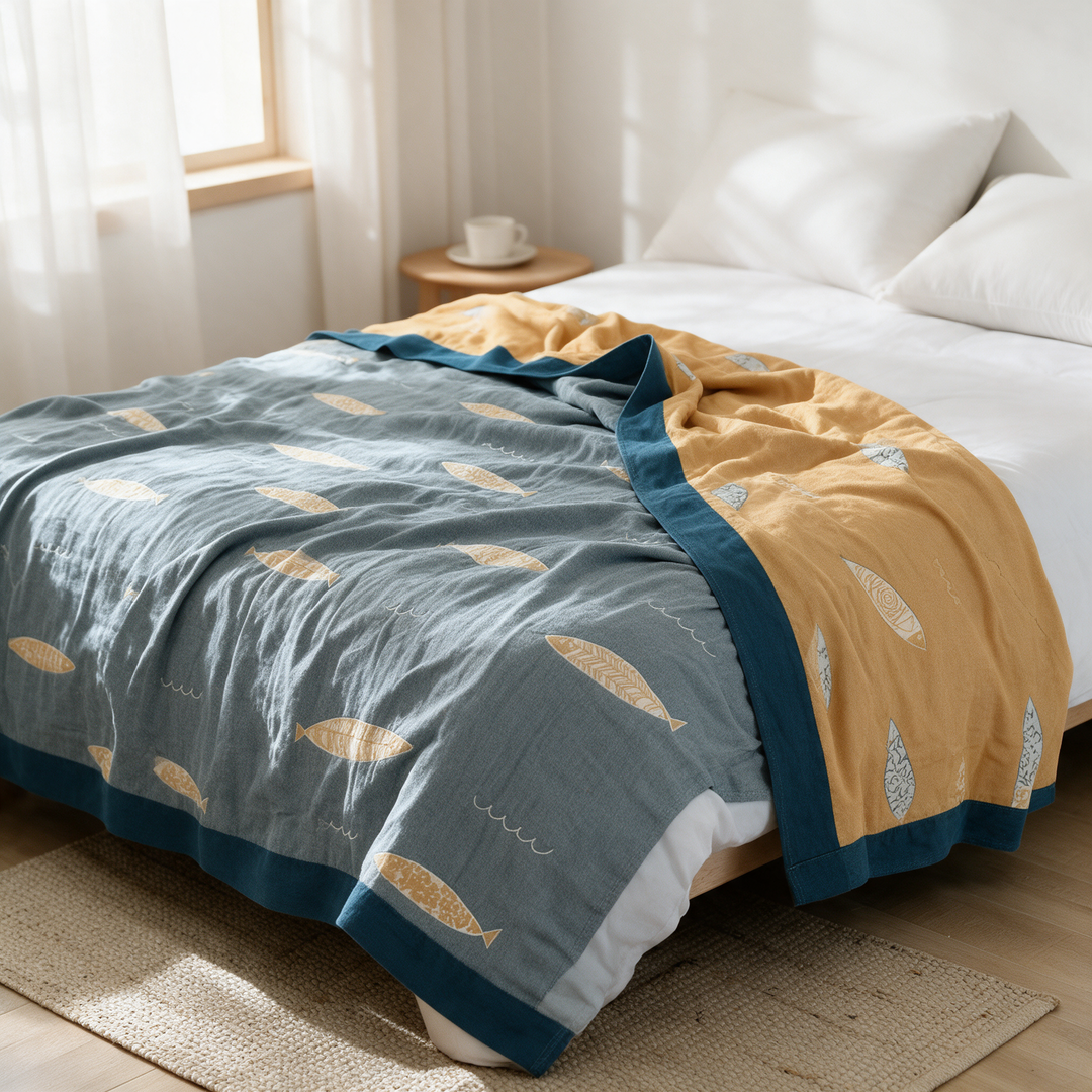 Airy Fish Print Muslin Throw Blanket in Layered Cotton Gauze | Breathable Evening Throw | Throw Blankets