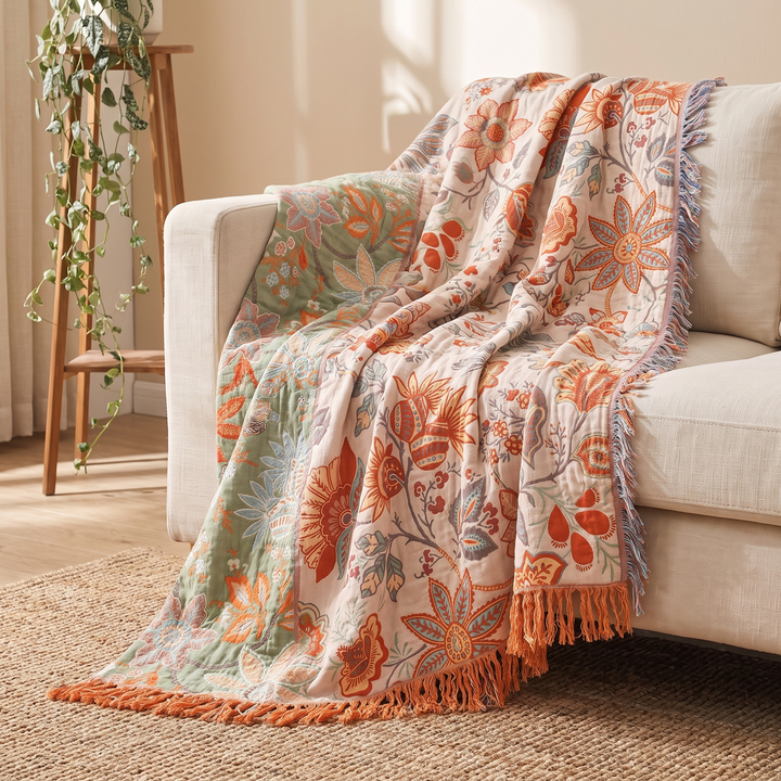 Rustic Floral Boho Cotton Throw Blanket in Orange, Blue and Cream with Fringe | Orange and Blue Florals, Cream Ground | Throw Blankets