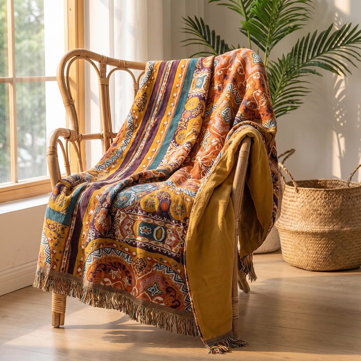 Sunrise Boho Reversible Cooling Cotton Blanket, Double Sided | Cooling Side, Knitted Side | Throw Blankets