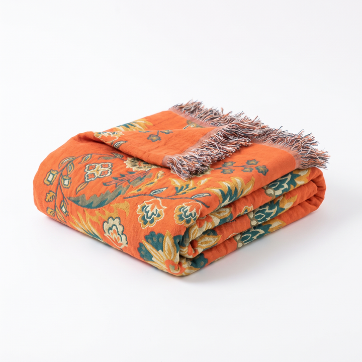 Marigold Reversible Cotton Gauze Throw Blanket, Orange and Teal | Orange and Teal, Fine Cotton Gauze | Throw Blankets