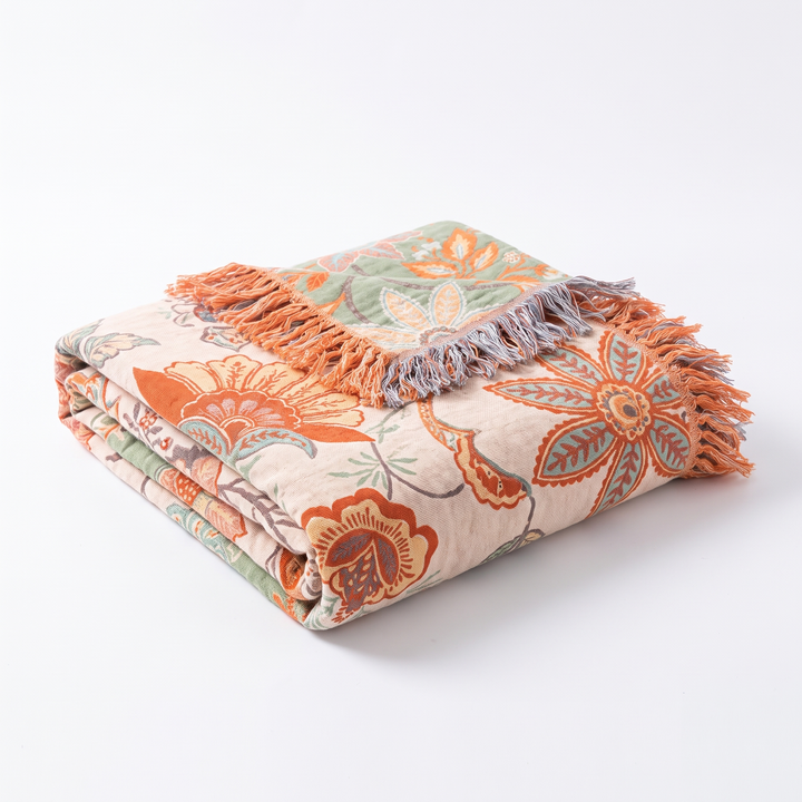 Rustic Floral Boho Cotton Throw Blanket in Orange, Blue and Cream with Fringe | Orange and Blue Florals, Cream Ground | Throw Blankets