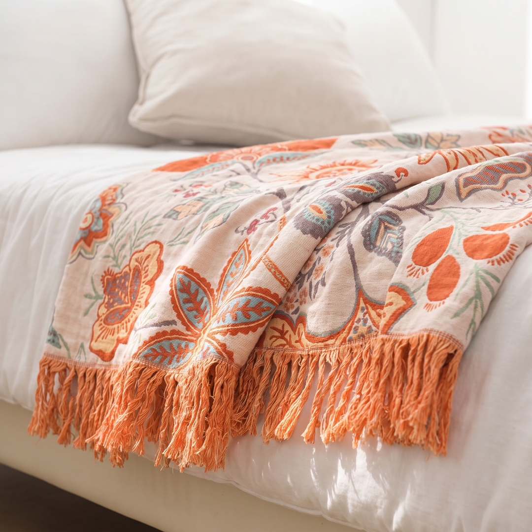 Rustic Floral Boho Cotton Throw Blanket in Orange, Blue and Cream with Fringe | Orange and Blue Florals, Cream Ground | Throw Blankets