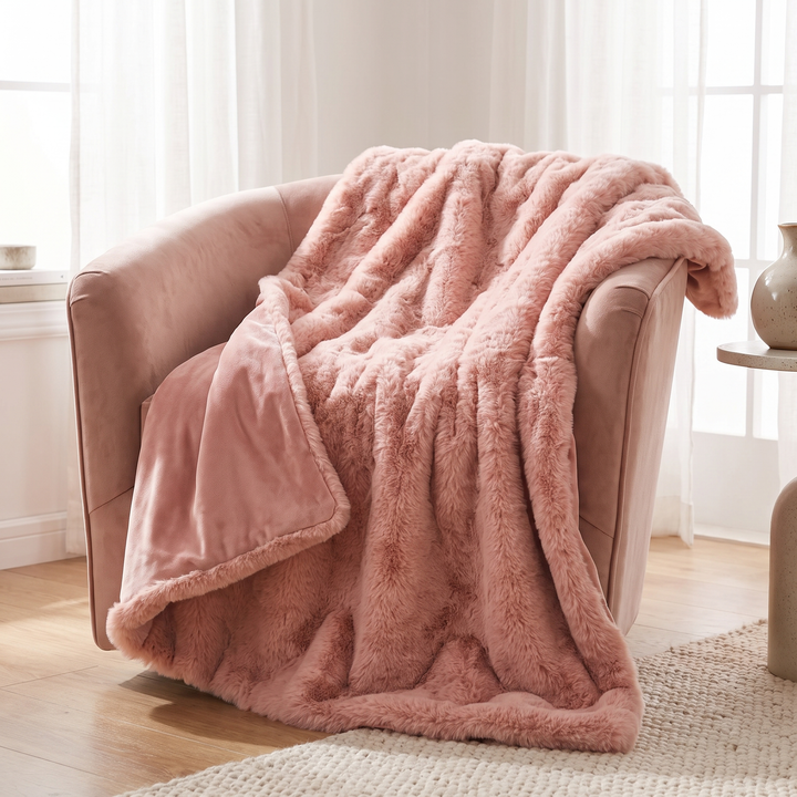 Rabbit Style Faux Fur Double Lined Throw Blanket | Plush Rabbit Faux Fur, Double Lined | Throw Blankets
