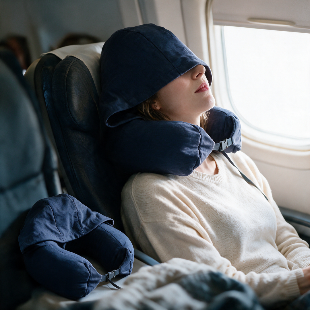 Cozy Hooded Travel Neck Pillow with Plush-Lined Hood | Shade and Support in One | Travel Pillows