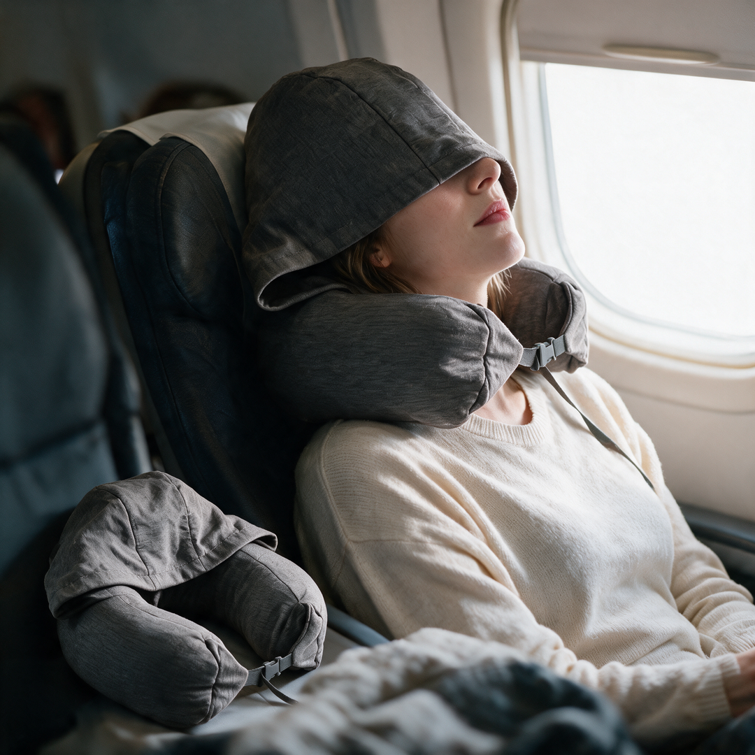Cozy Hooded Travel Neck Pillow with Plush-Lined Hood | Shade and Support in One | Travel Pillows