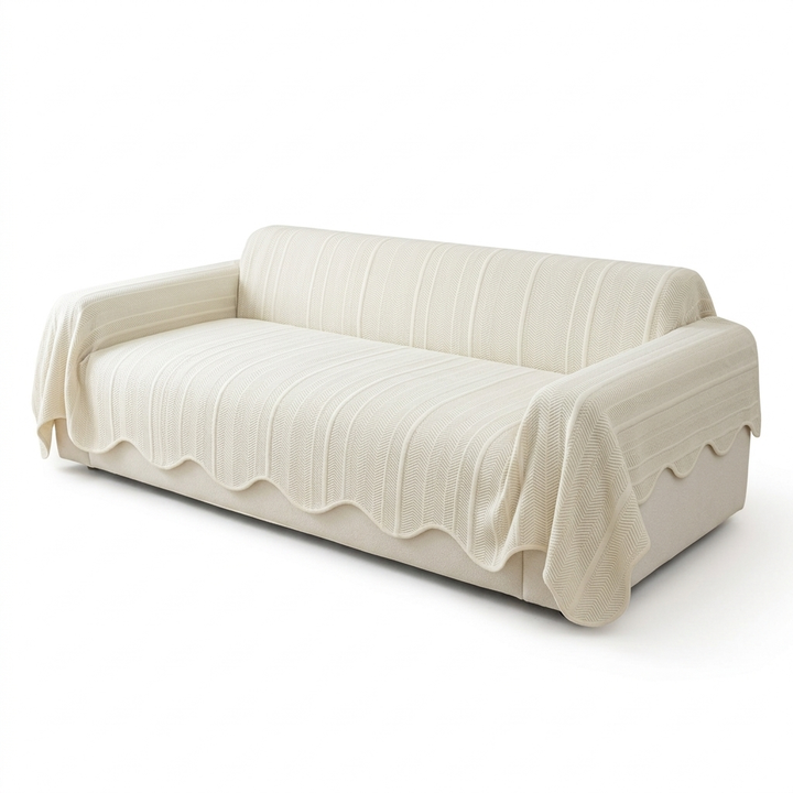 Scallop Edge Herringbone Non-Slip Sofa Cover in Soft Fabric | A Scalloped Edge That Stays in Place | Sofa Covers