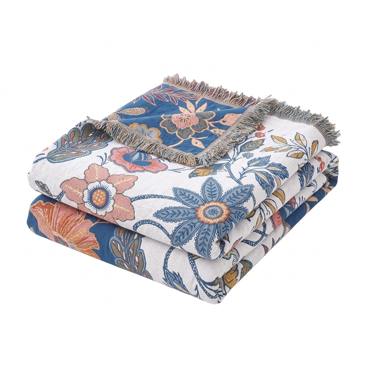 Rustic Artistic Floral 100% Cotton Reversible Blanket with Tassels | Artful Florals, Light Cotton Layer | Throw Blankets