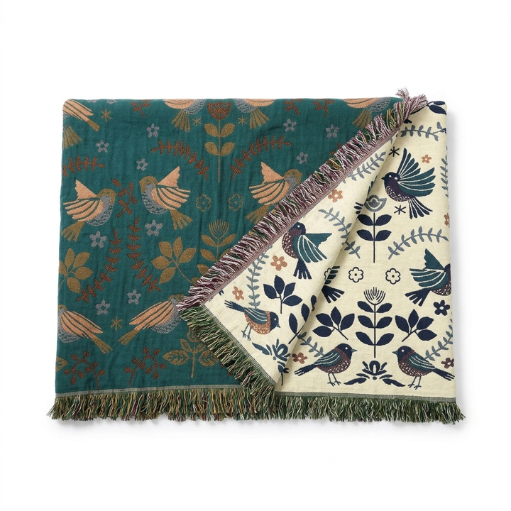 Reversible Scandinavian Bird Cotton Blanket with Fringed Edges | Folk Tale Birds on Two Sides | Throw Blankets