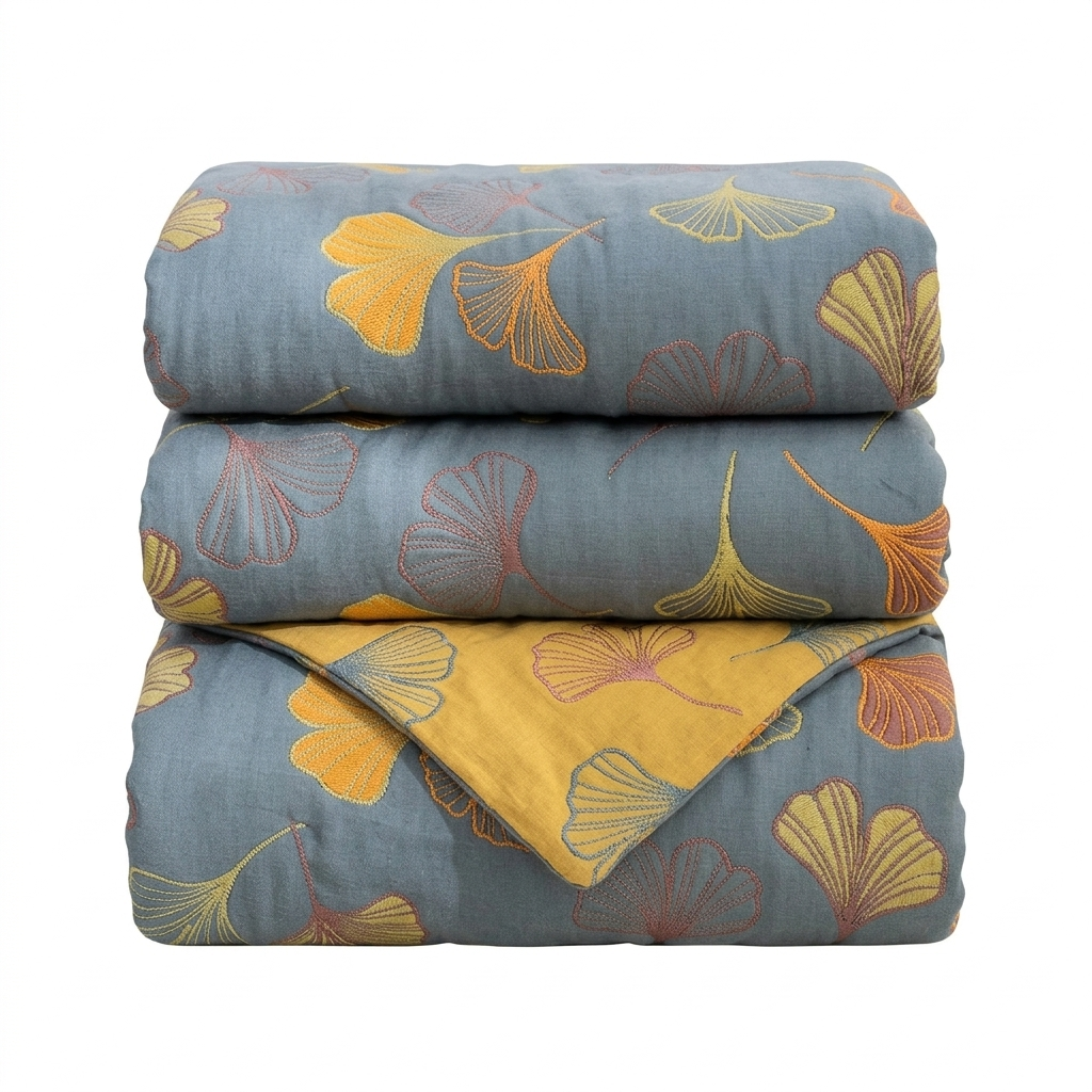Ginkgo Leaf Reversible Cotton Throw Blanket in Yellow and Blue | Ginkgo Leaves in Two Colourways | Throw Blankets