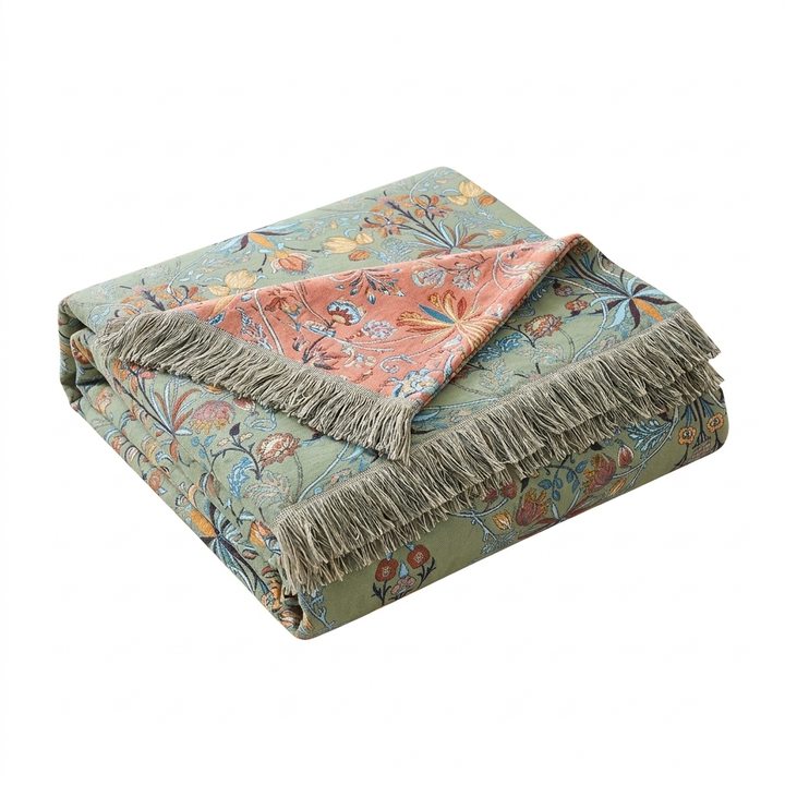 Reversible Floral Jacquard Cotton Bedspread Throw with Tassel Fringe | Heavyweight Floral Cotton Bedspread | Throw Blankets