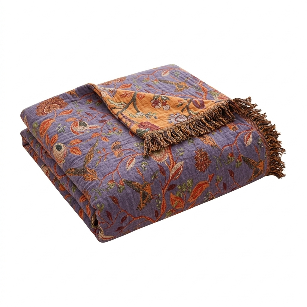 Botanic Floral Reversible Cotton Blanket with Tassel Edging | Woven Blooms, Two Colourways | Throw Blankets