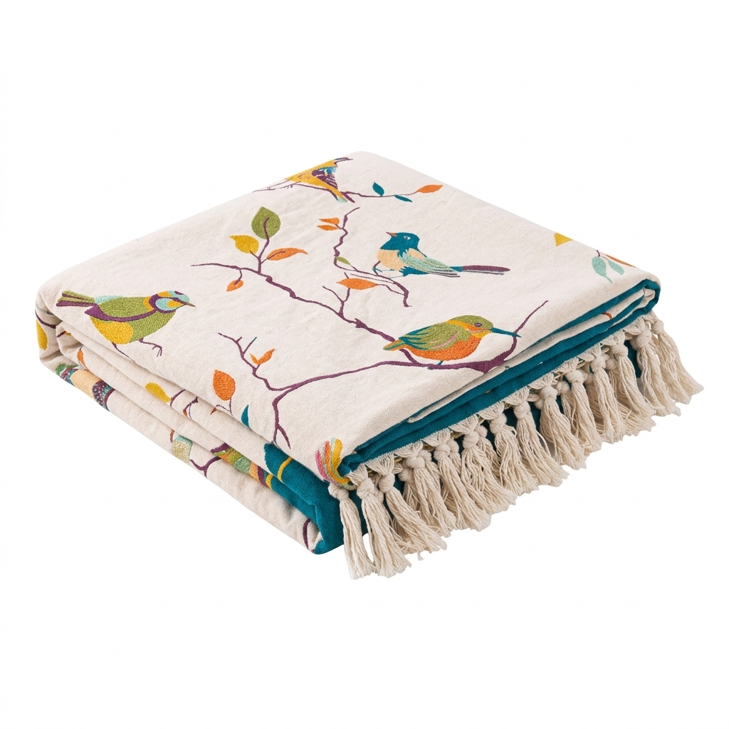 Whimsical Bird Cotton Tassel Blanket, Queen Size | Woven Bird Pattern with Fringe | Throw Blankets