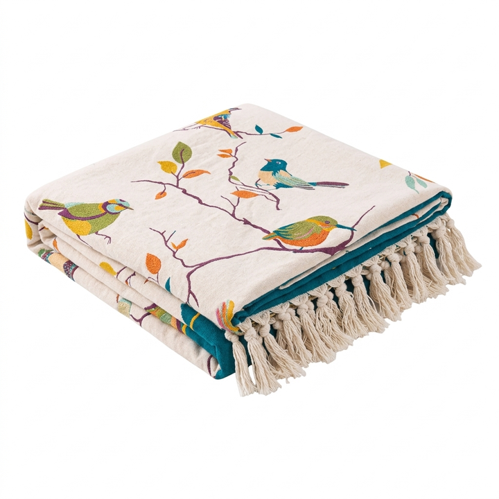 Whimsical Bird Cotton Tassel Blanket, Queen Size | Woven Bird Pattern with Fringe | Throw Blankets