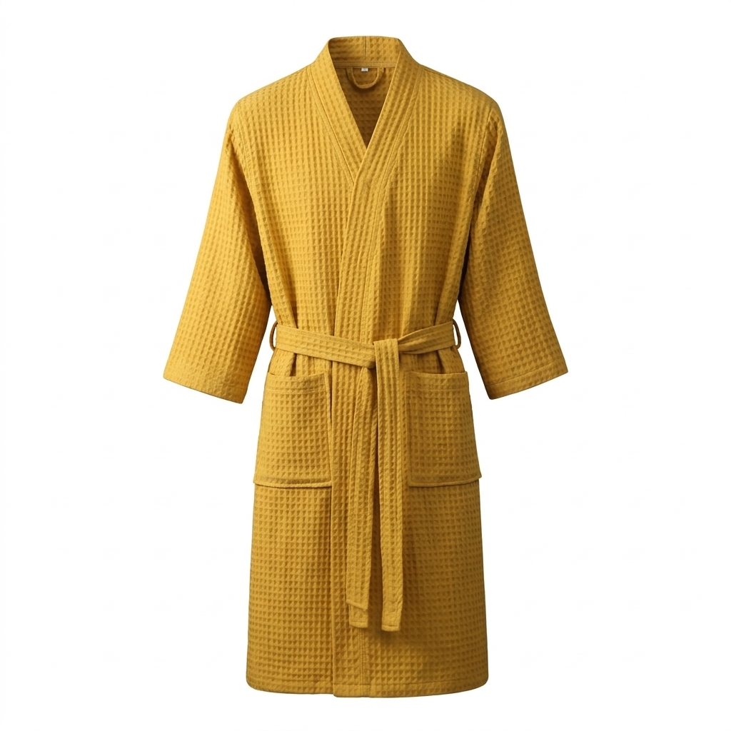 V-Neck Double-Layer Cotton Waffle Bathrobe with Pockets | Light, Absorbent Waffle Comfort | Robes