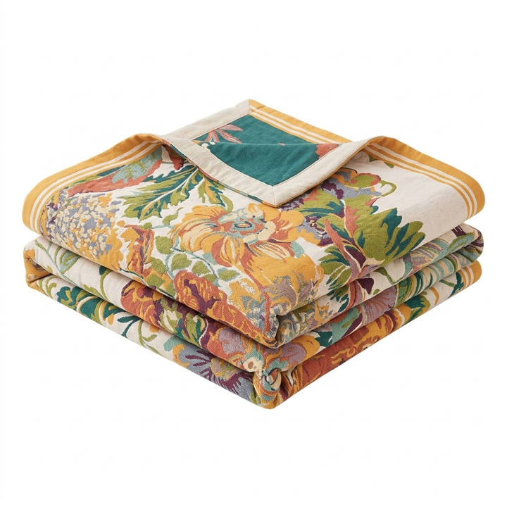 Mid Century Floral Jacquard Reversible Cotton Blanket, Wide Border | Mid Century Blooms, Wide Border | Throw Blankets