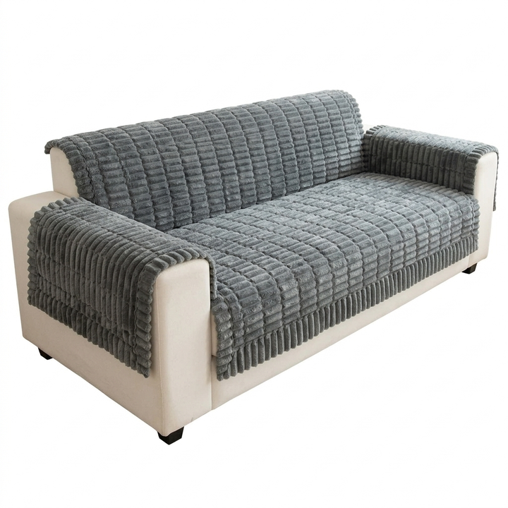 Plush Flannel Sofa Cover with Hand-Pleated Edges, Anti Slip | Pleated Flannel Cover That Grips | Sofa Covers