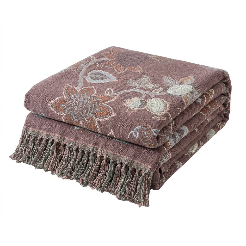 Floral Jacquard Cotton Bed Blanket with Tassels in Two Sizes | Cotton Florals Trimmed in Tassels | Throw Blankets
