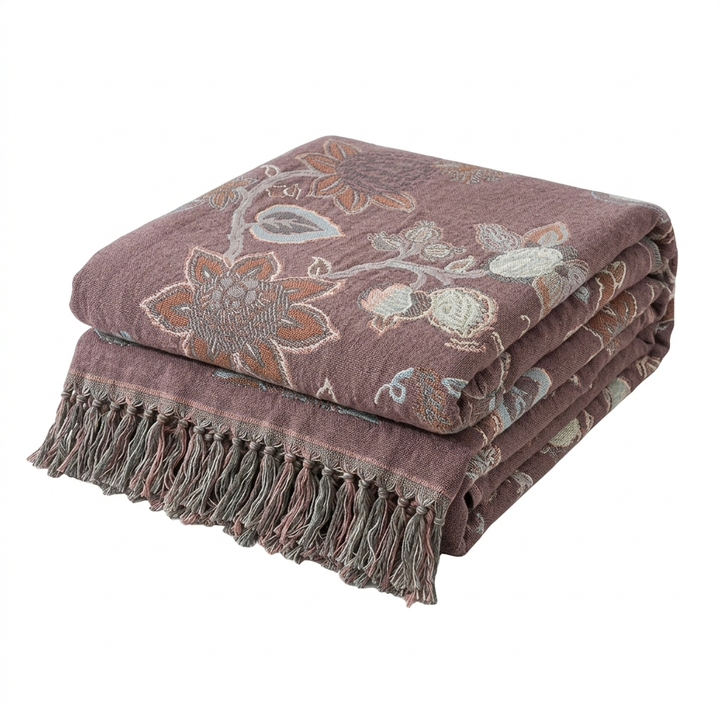 Floral Jacquard Cotton Bed Blanket with Tassels in Two Sizes | Cotton Florals Trimmed in Tassels | Throw Blankets