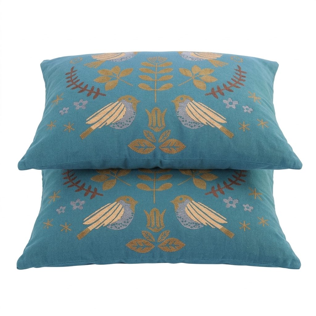 Scandinavian Bird Jacquard Cotton Gauze Pillowcases, Set of 2 | Soft Gauze with Floral Birds | Pillowcases