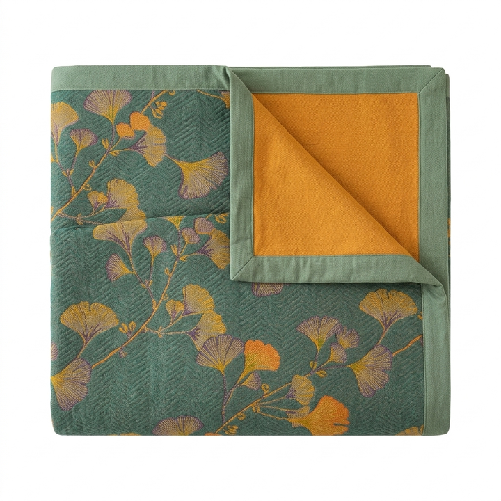 Reversible Jacquard Floral Ginkgo Leaves Coverlet in Four Sizes | Ginkgo Leaf Coverlet, Two Looks | Bedding Sets