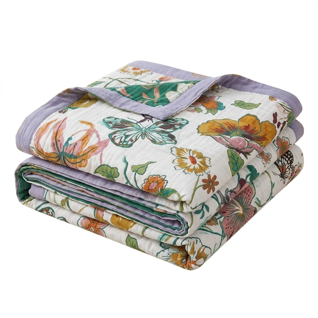 Wildflower and Butterfly Floral Cotton Throw Blanket | Lightweight Garden Print Throw | Throw Blankets