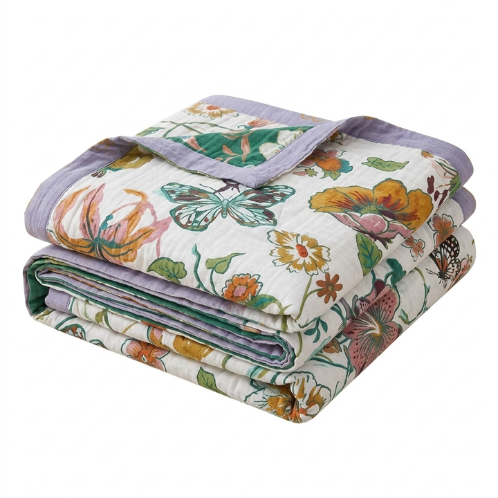 Wildflower and Butterfly Floral Cotton Throw Blanket | Lightweight Garden Print Throw | Throw Blankets