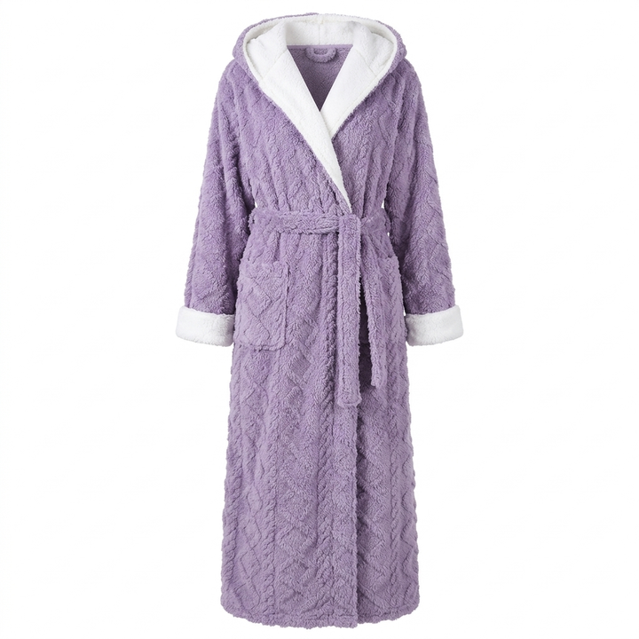 Long Plush Knitted Hooded Robe with Pockets in Soft Fleece | Cozy Hooded Warmth with Pockets | Robes