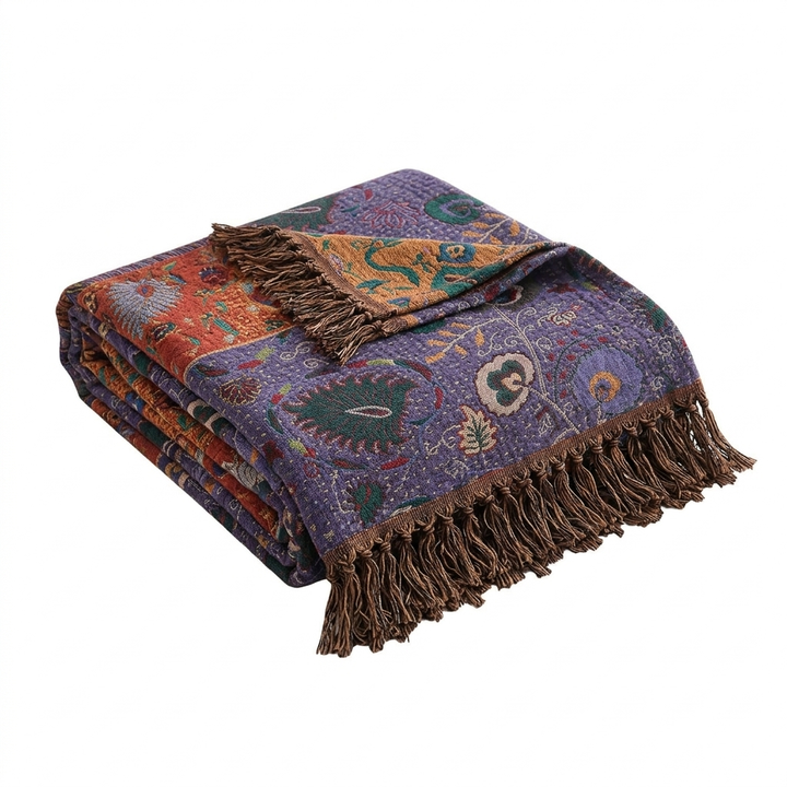 Bohemian Peacock Cotton Gauze Tassel Blanket in Two Sizes | Peacock Pattern in Cotton Gauze | Throw Blankets