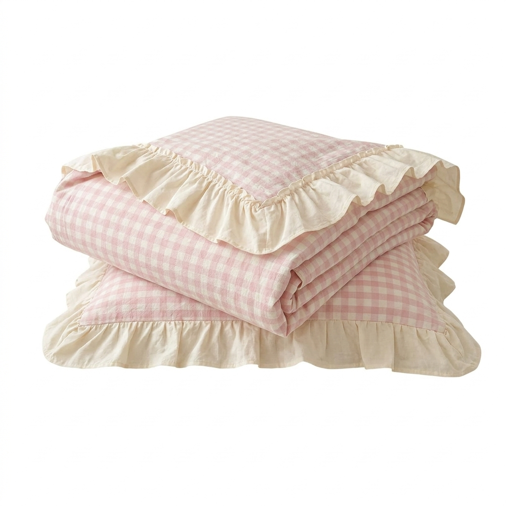Ruffled Edge Gingham Check Bedding Set with Duvet Cover and Pillowcases | Ruffled Gingham for Cottage Style | Bedding Sets