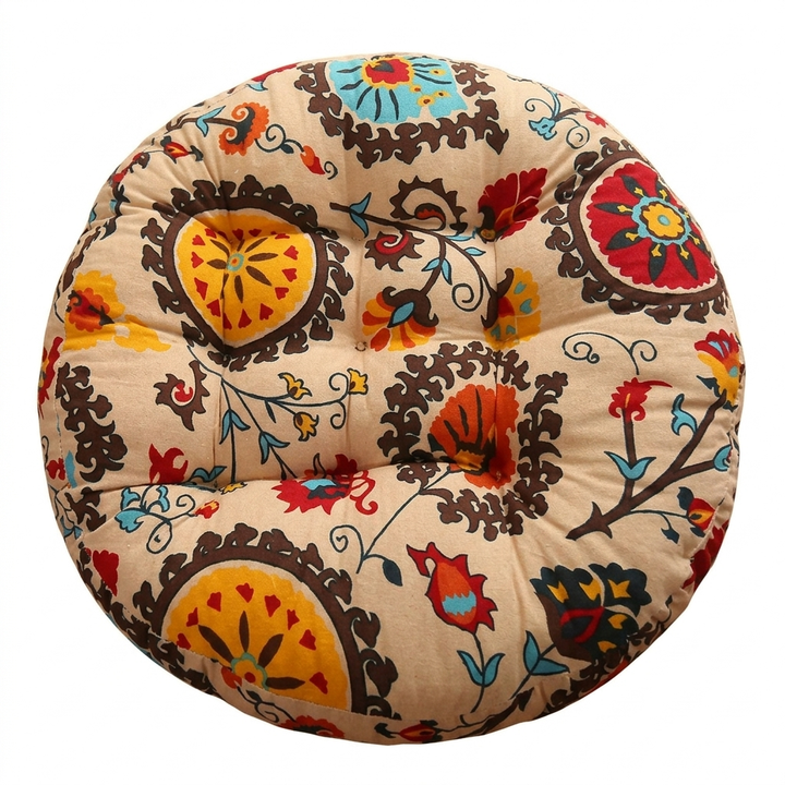 Round Boho Floor Seating Cushion, 18 Inch Cotton Linen | Thick Round Cushion for Floor Seating | Seat Cushions