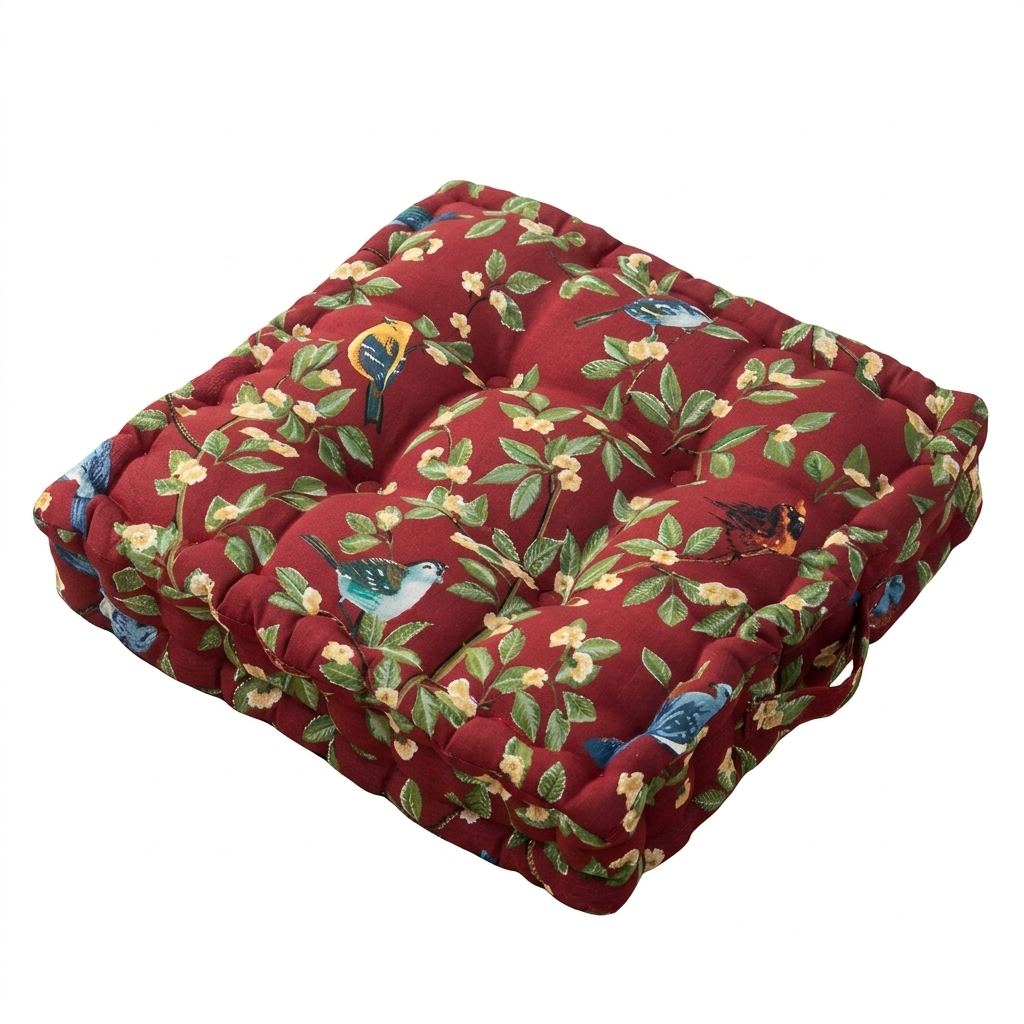 Whimsical Bird and Leaf Chair Cushion, Thick 16.5 Inch with Hand Strap | Storybook Birds for Hard Seats | Seat Cushions