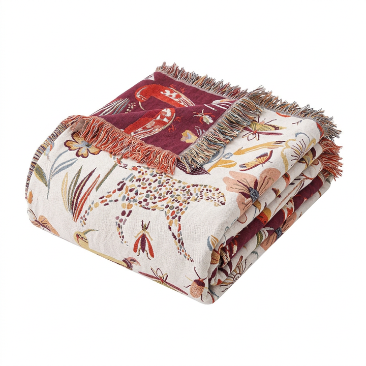 Reversible Jungle Print Cotton Blanket, 79 x 90.5in Lightweight | Jungle Print Outside, Red Inside | Throw Blankets