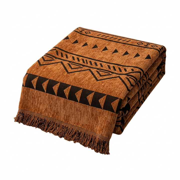 Geometric Tribal Chenille Sofa Cover Throw with Fringe Edging | Tribal Geometry in Brushed Chenille | Sofa Covers
