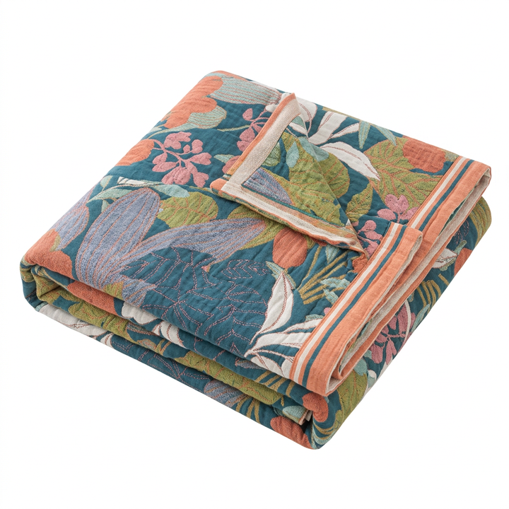 Garden Inspired Botanical Cotton Gauze Blanket, Multi-Layer | Airy Gauze Layers, All Season | Throw Blankets