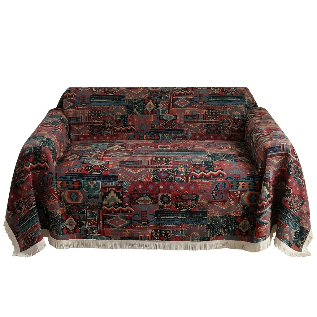 Bohemian Moroccan Chenille Sofa Cover with Tassels, Seven Sizes | Moroccan Pattern for Any Sofa Size | Sofa Covers