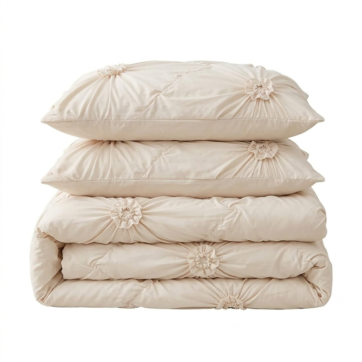 Ruffle Flower Pinch Pleated Duvet Cover Set with Pillowcases | Pinch Pleats and Ruffled Flowers | Bedding Sets