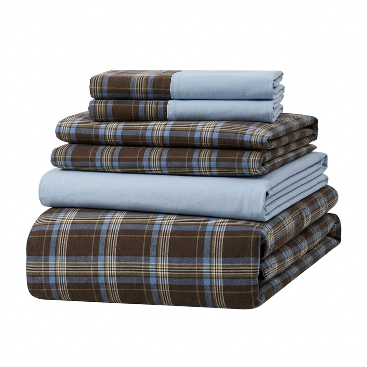 Vintage Brown Plaid Cotton Duvet Cover Set with Light Blue Sheets | Brown Plaid Meets Soft Blue | Bedding Sets