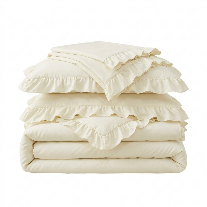 Solid Color Ruffle Duvet Cover Set in Thick Polyester | Ruffled Edge Bedding in Four Colours | Bedding Sets