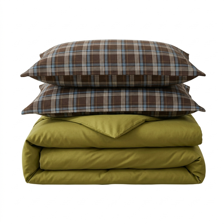 Rustic Olive Green Plaid Duvet Cover Set in 100% Cotton | Olive Plaid with Brown Pillowcases | Bedding Sets
