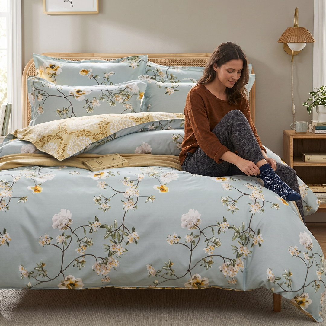 Reversible 600 Thread Count Botanical Cotton Duvet Cover Set | 600 Thread Count Floral Bedding | Bedding Sets