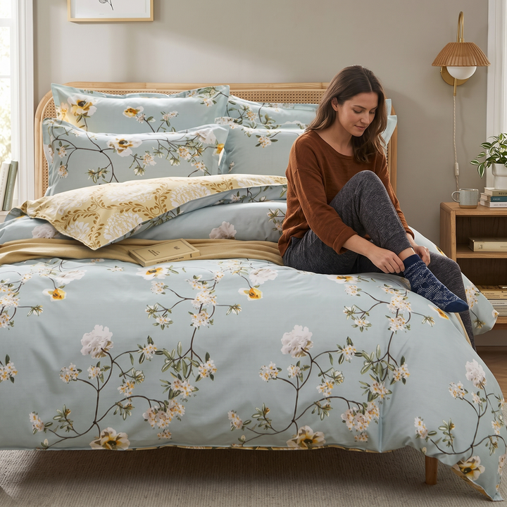 Reversible 600 Thread Count Botanical Cotton Duvet Cover Set | 600 Thread Count Floral Bedding | Bedding Sets