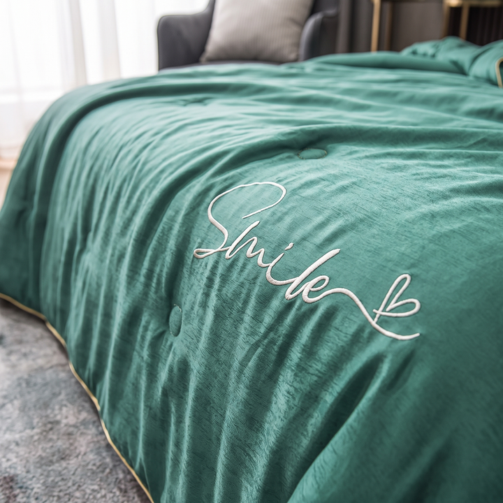 Embroidered Washed Silk Summer Quilt Set with Two Pillowcases | Light Embroidered Silk for Warm Nights | Bedding Sets