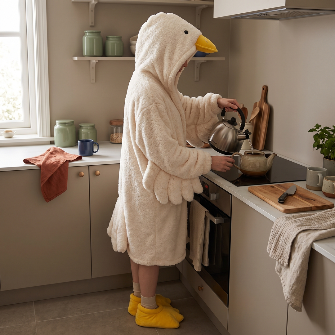 Oversized Hooded Goose Robe in Soft Coral Fleece with Pockets | Playful Warmth for Cozy Evenings | Robes