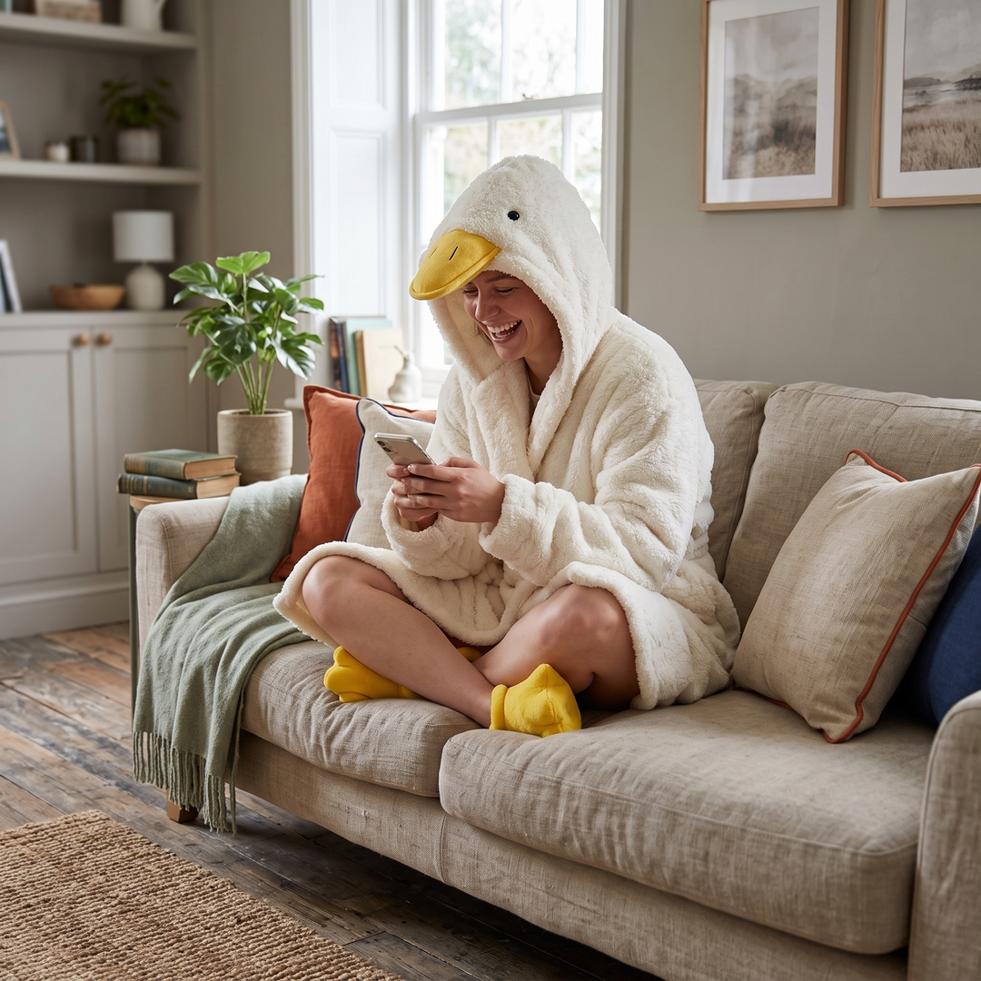 Oversized Hooded Goose Robe in Soft Coral Fleece with Pockets | Playful Warmth for Cozy Evenings | Robes