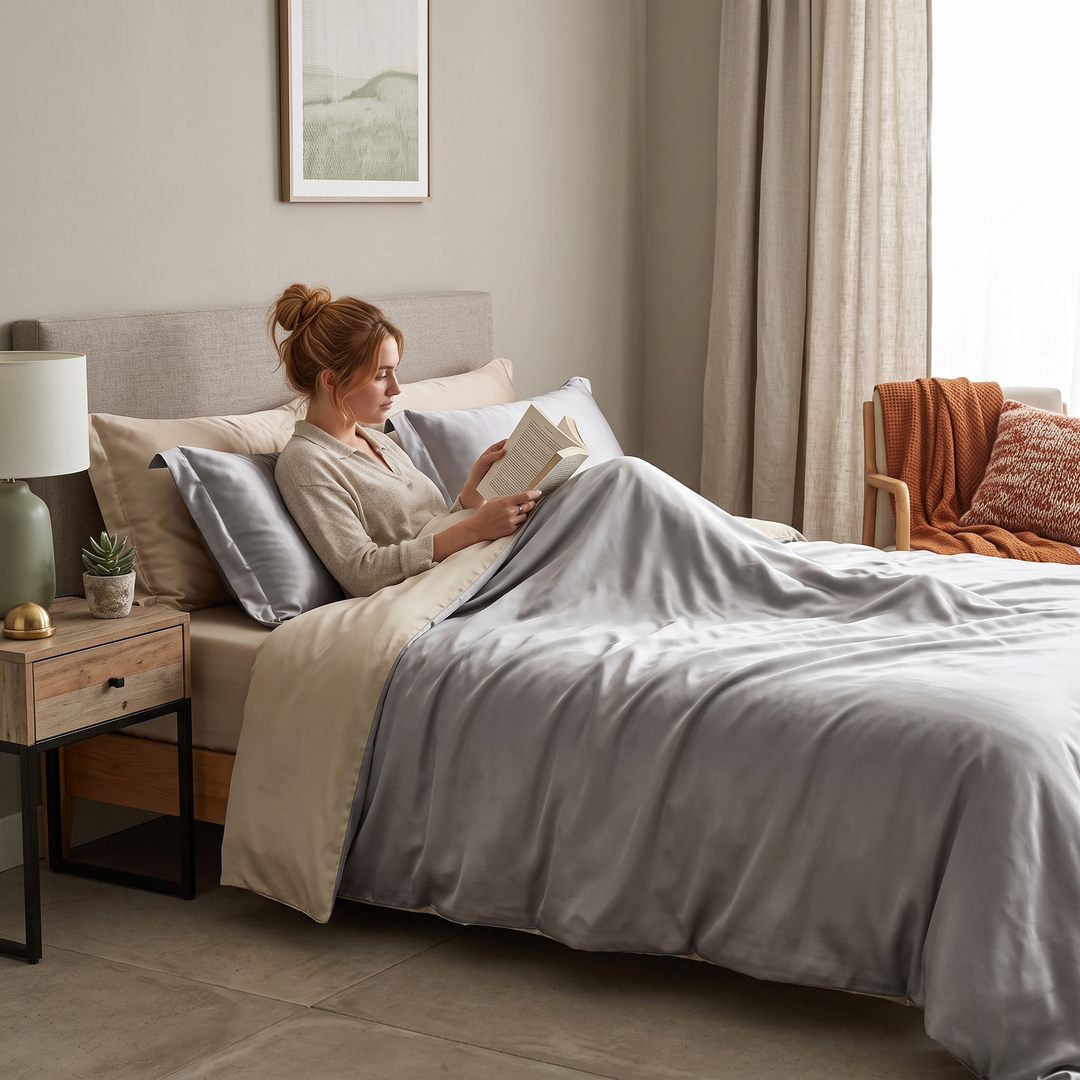 Solid Gray Satin Silk-Finish Bedding Set with Duvet Cover and Sheet | Hotel-Style Satin Smoothness | Bedding Sets