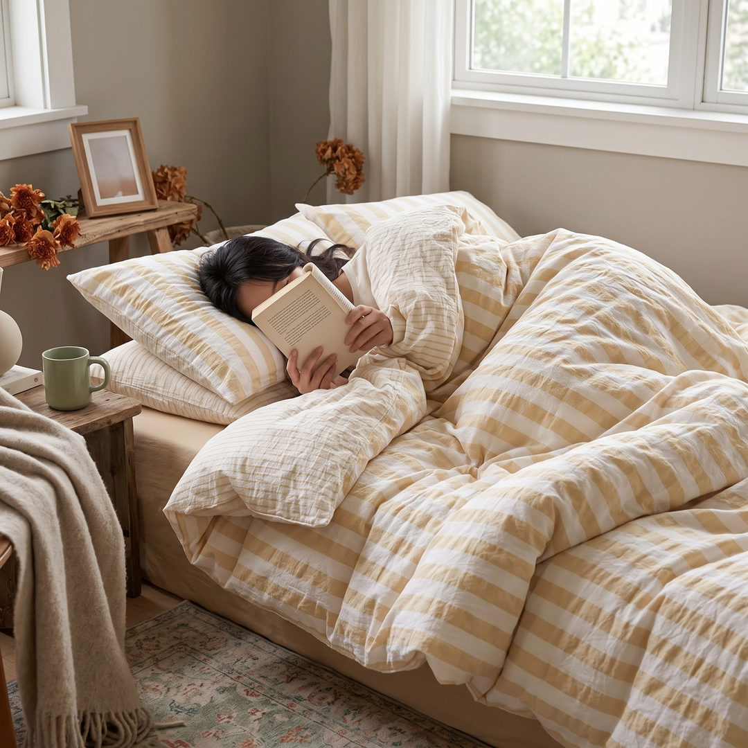 Striped Washed Cotton Crepe Quilt Set with Sheet and Pillowcases | Year-Round Textured Cotton Quilt Set | Bedding Sets