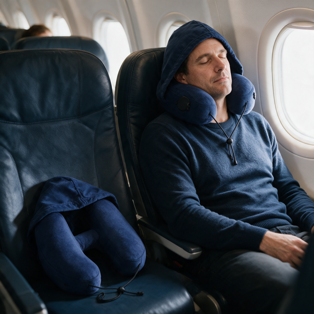 Inflatable Hooded Travel Pillow with Built-In Blackout Cap | Sleep Anywhere You Travel | Travel Pillows
