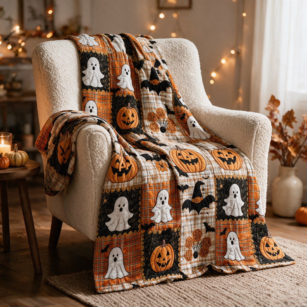 Patchwork Halloween Throw Blanket with Pumpkin and Ghost Print | Seasonal Style for Your Sofa | Throw Blankets